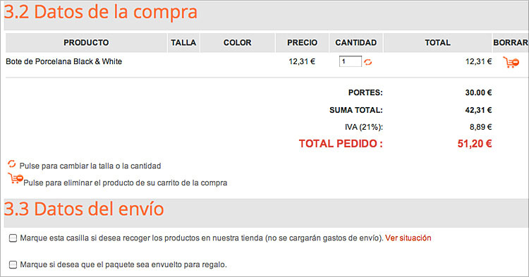 Es conveniente revisar cuidadosamente los datos del pedido (tallas, cantidad) y comprobar la dirección dónde queremos recibirlo. 